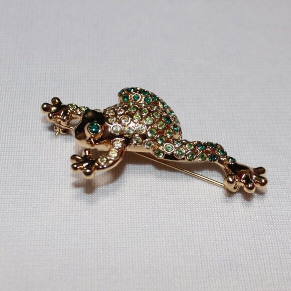 Monet Green Frog Rhinstone Brooch - Picture 10 of 14
